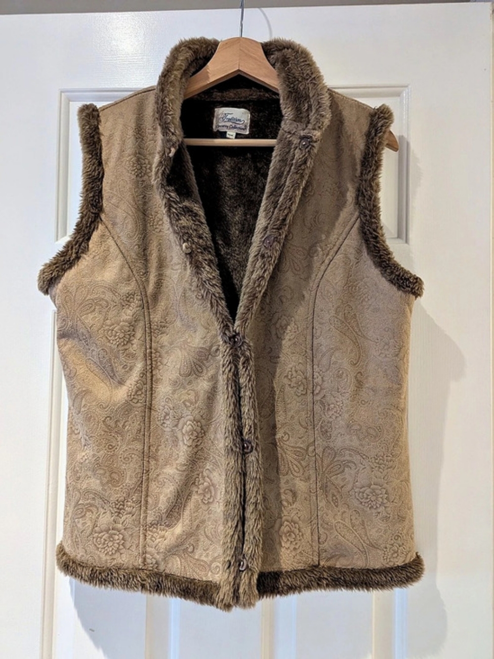 Vintage 90s Y2K Faux Suede Paisley Vest Fur Trim Camel Brown Fairycore Boho S/M
